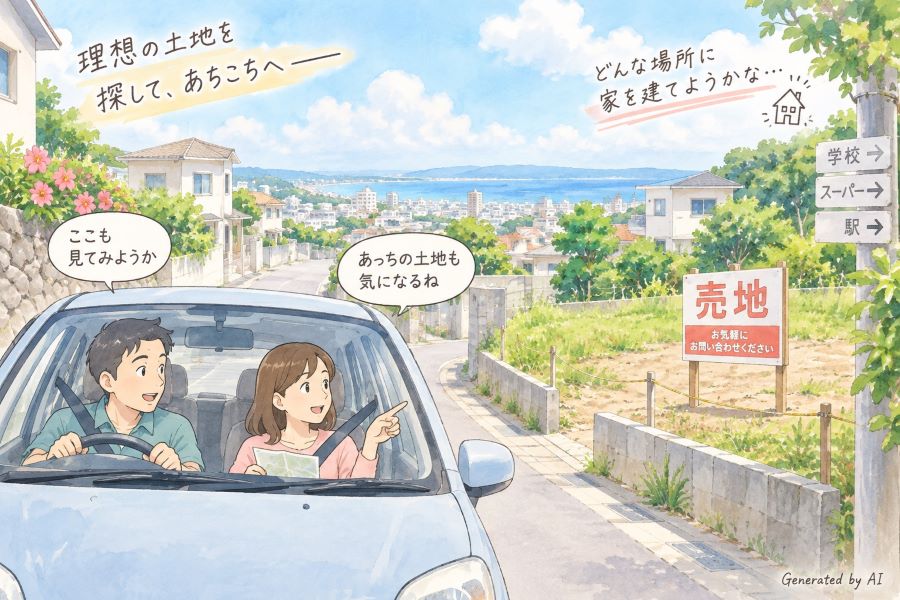住宅建築に向けて 土地を探して回るイラスト