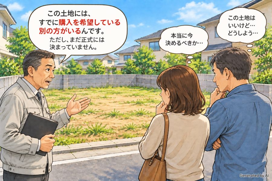 土地の購入を検討する夫婦と工務店担当者